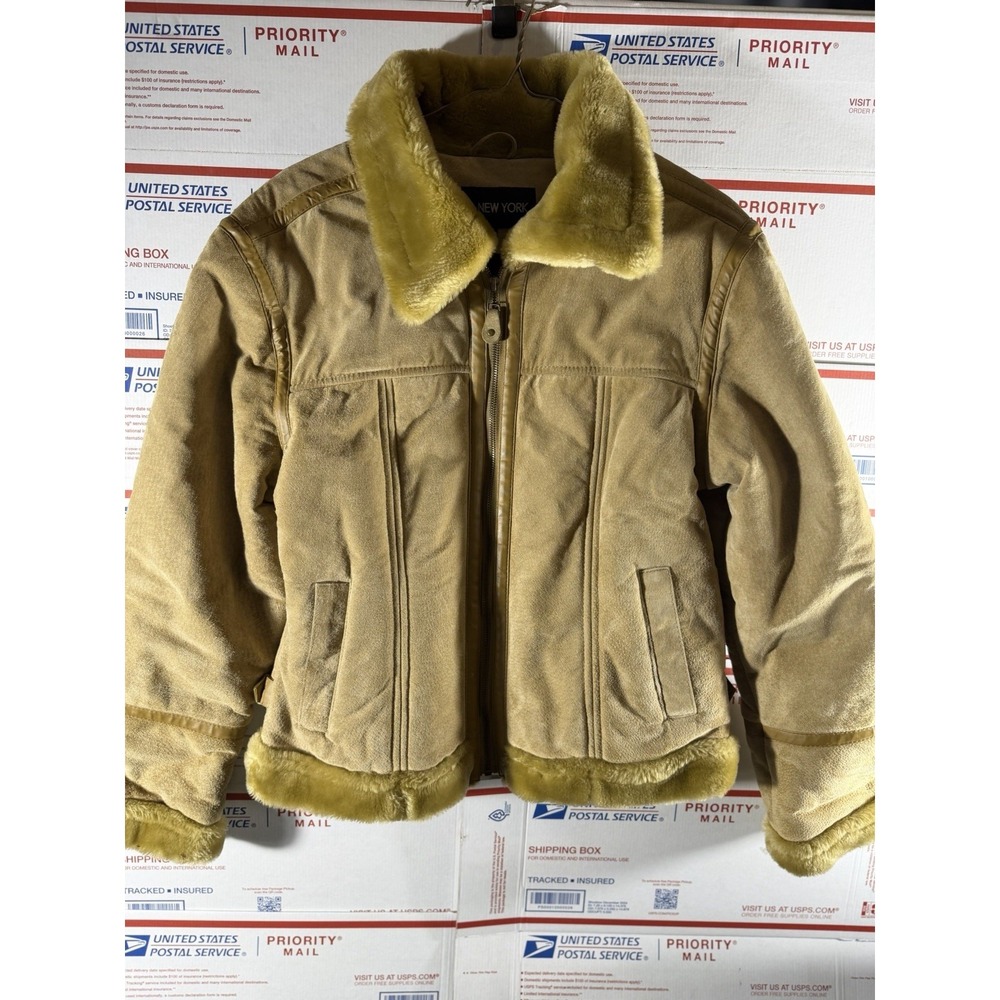 Sara New York Jacket Beige Tan Khaki Suede Leather Faux Fur Womens Sz L
